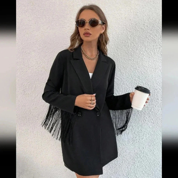 Lapel Neck Fringe Trim Longline Blazer - Picture 6 of 6